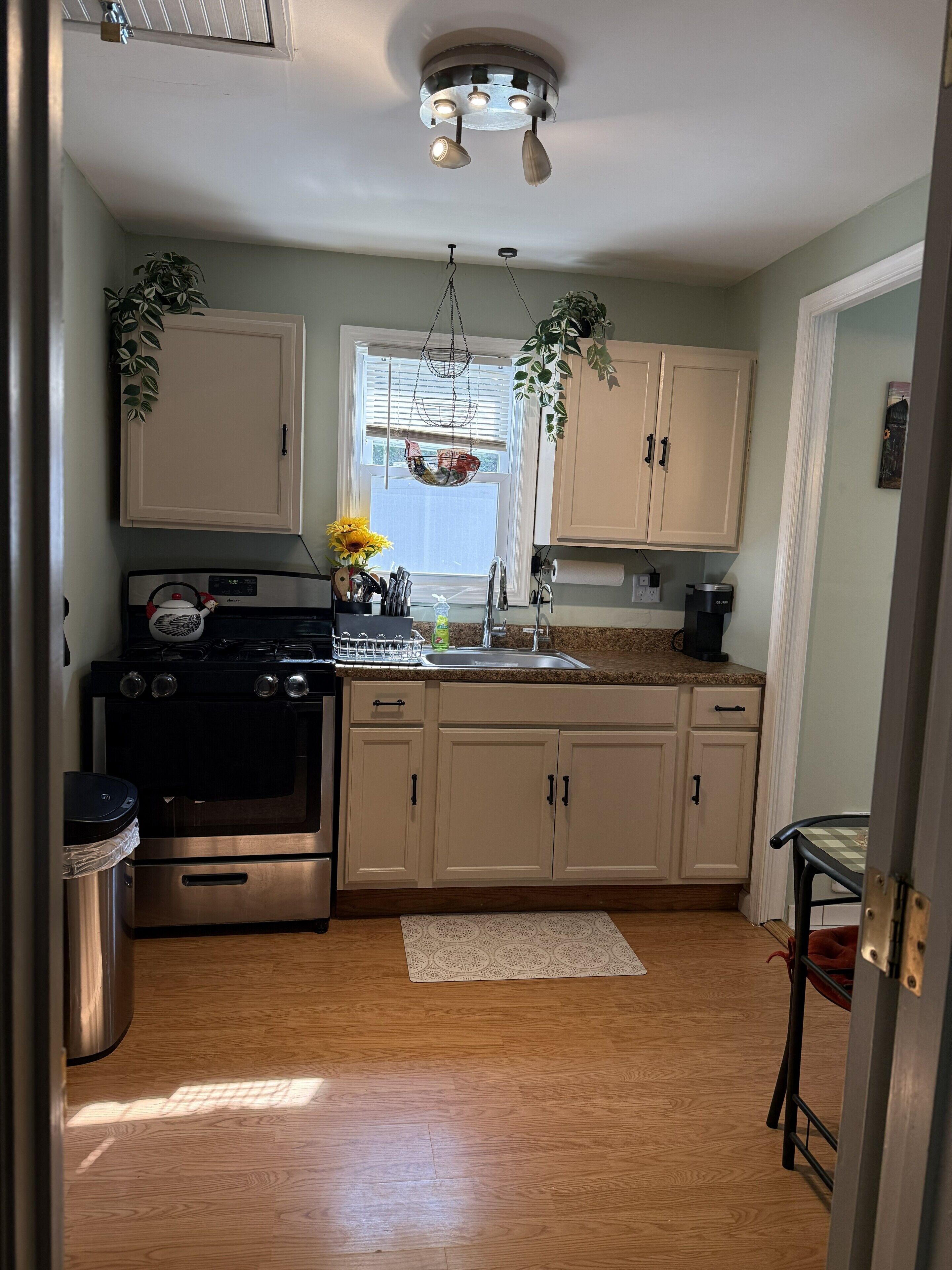 Coffee/tea maker, fridge, microwave, oven