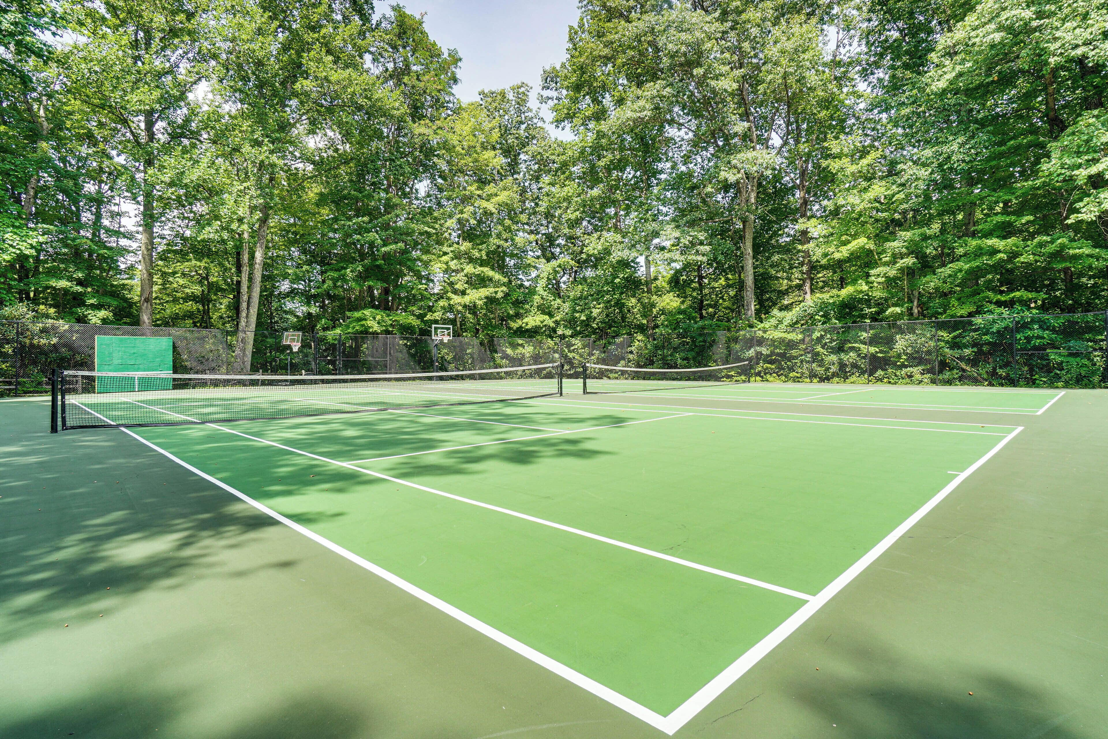 A tennis court surrounded by trees.