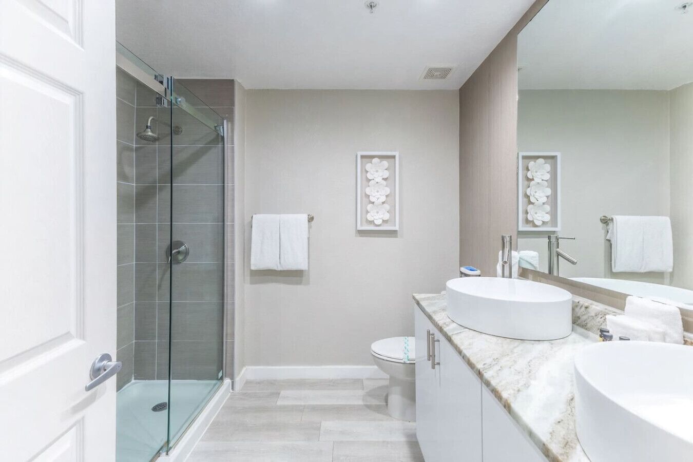 A modern bathroom with a glass-enclosed shower, a vanity with a large sink, and a toilet.