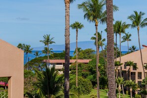 A resort with multiple-story buildings, palm trees, and a view of the ocean. - Kamaole Sands #5-401 2 Bedroom Condo (Kihei)