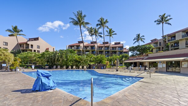 A swimming pool with a stone deck, surrounded by palm trees and a building with multiple balconies. - Kamaole Sands #5-401 2 Bedroom Condo (Kihei)