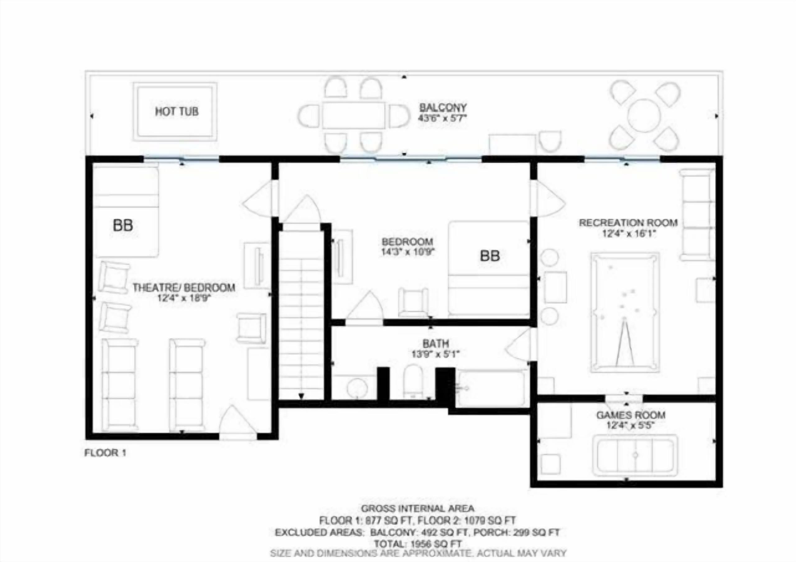 A floor plan of a hotel with a balcony, a recreation room, a games room, a bathroom, a bedroom, a theatre/bedroom, and a hot tub.