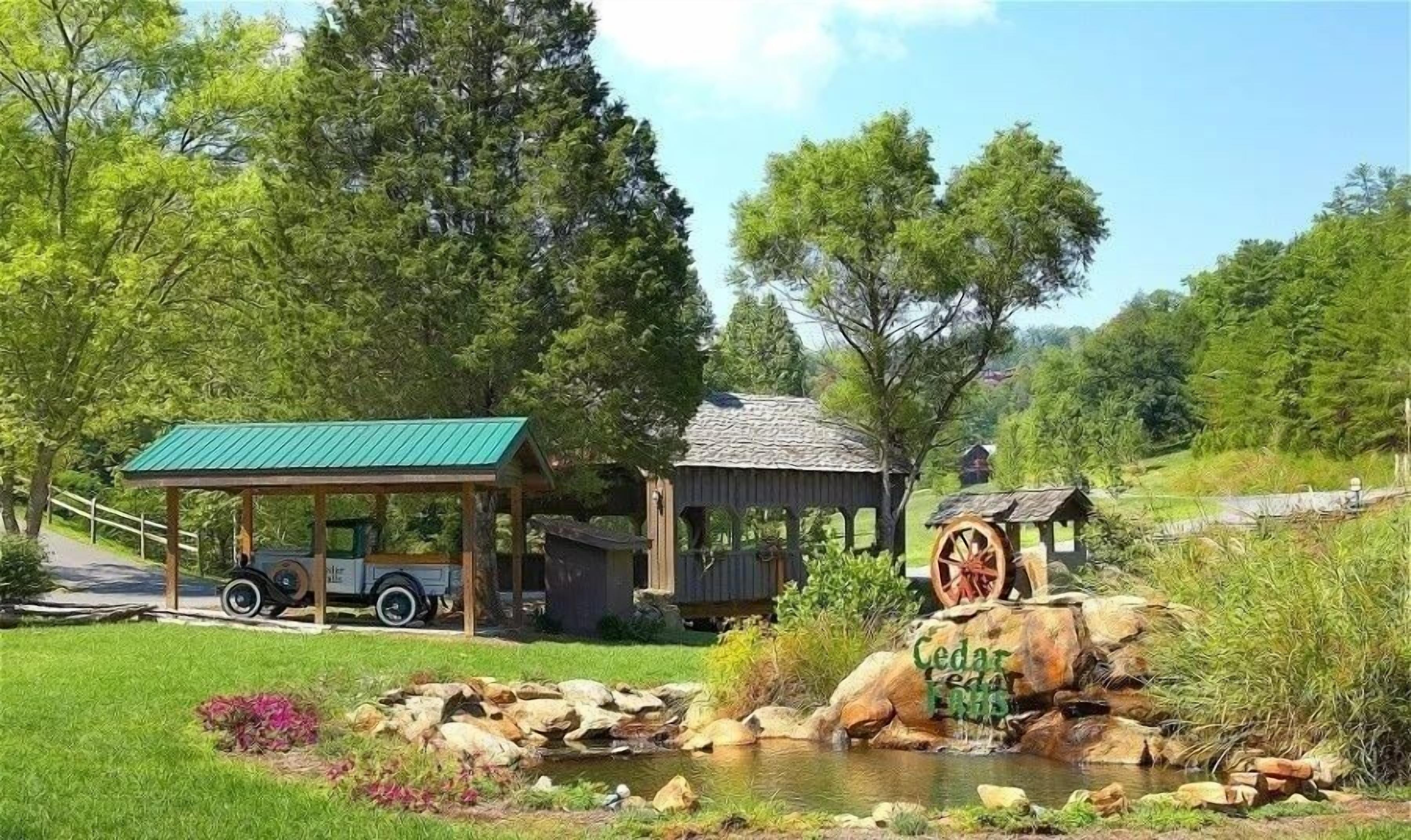 Un entorno rústico al aire libre con una construcción de madera, un coche antiguo y una fuente de agua identificada como "Cedar Falls".
