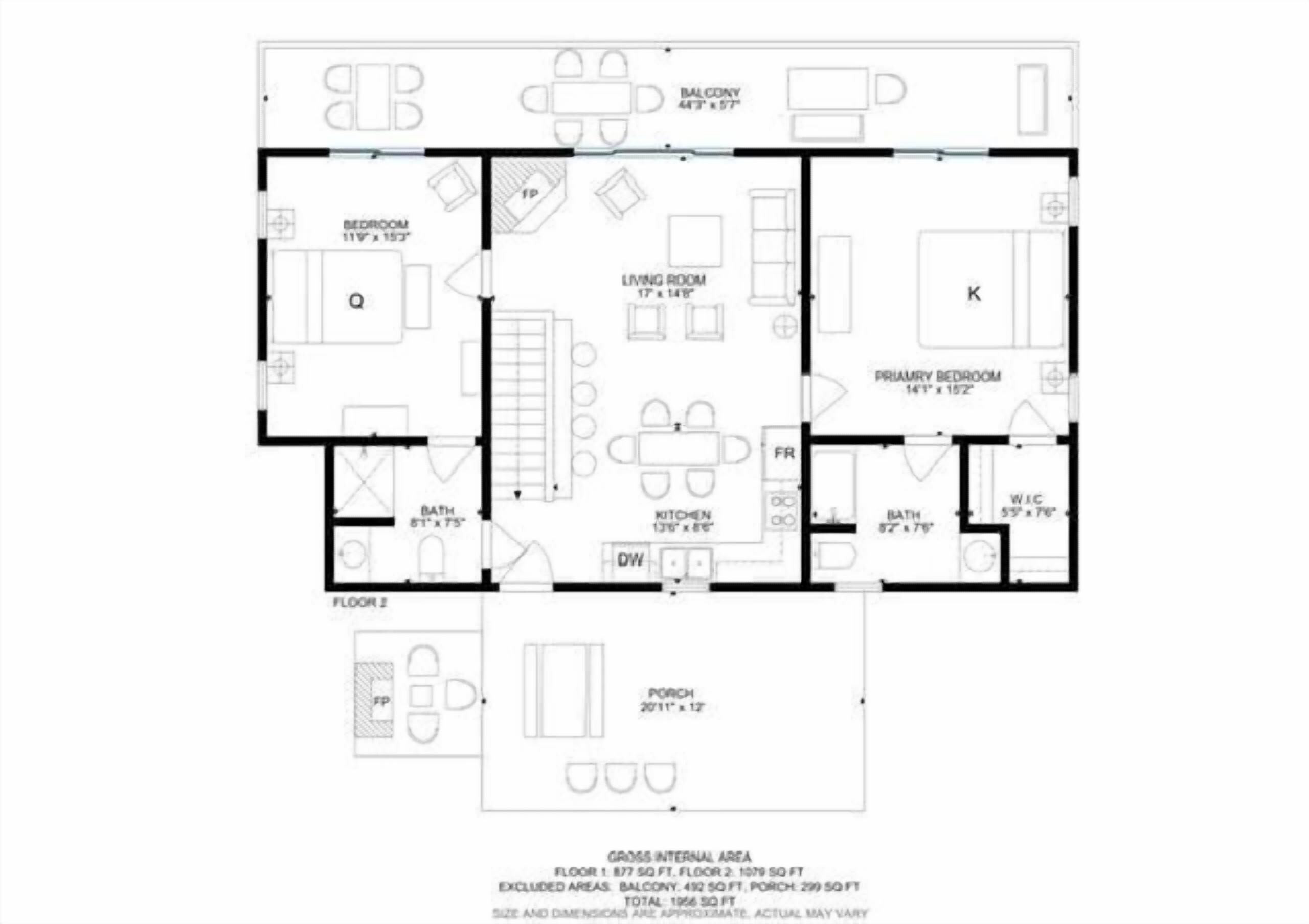 A floor plan of a hotel with two floors, including a balcony, a living room, bedrooms, a kitchen, a bathroom, and a porch.