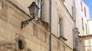 A narrow cobblestone street with historic stone buildings, a wrought iron lamp post, and a small window with a flower box. - Studio Mezzanine place du marché (La Rochelle)