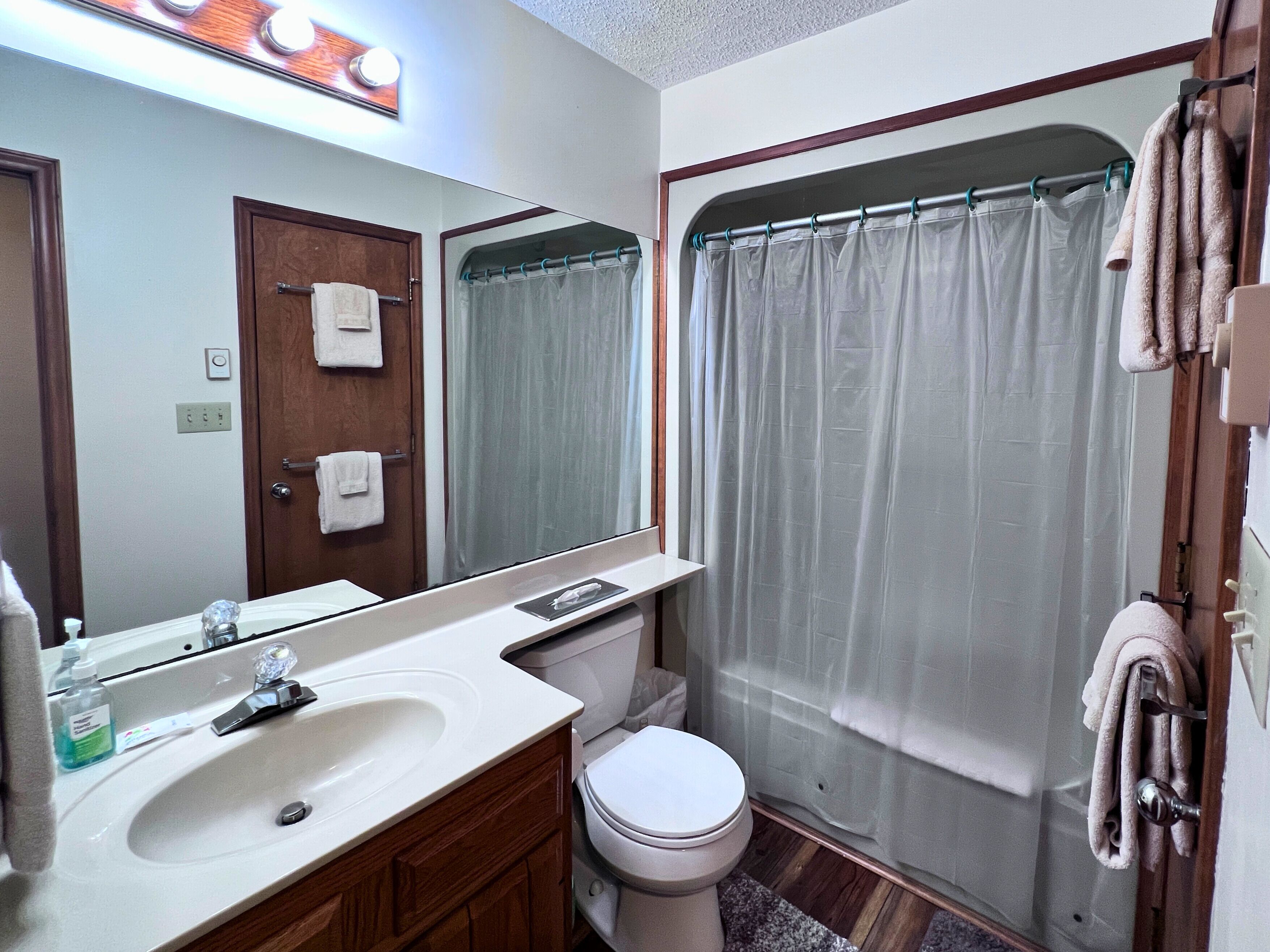 A bathroom with a sink, toilet, and shower curtain.