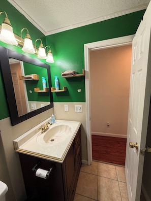 Hair dryer, towels, soap, toilet paper