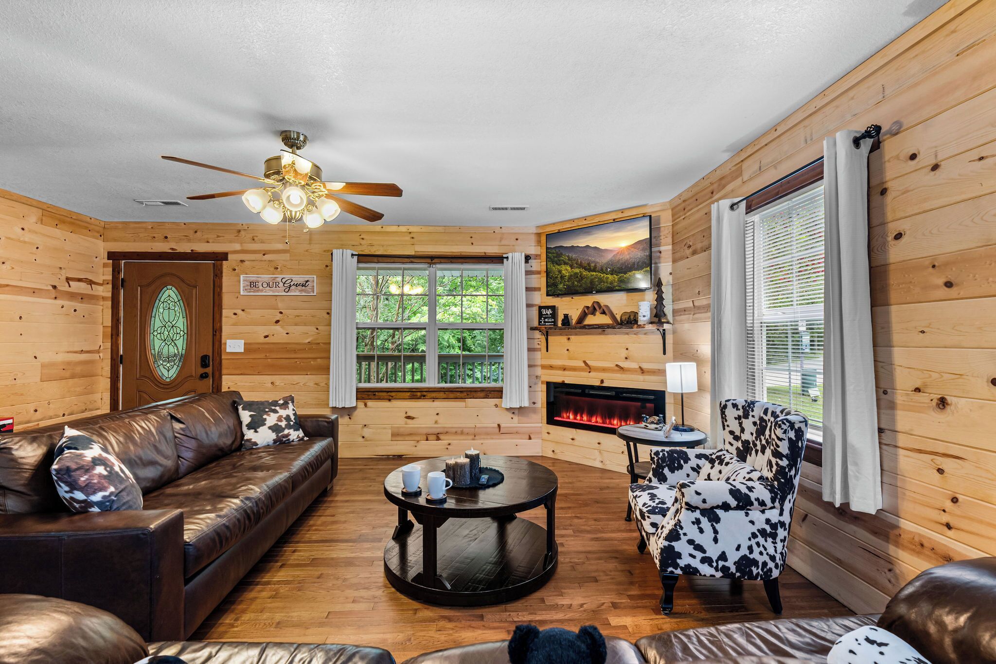 Smart TV, fireplace, foosball