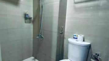 Hair dryer, towels, soap, toilet paper