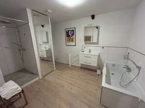 Hair dryer, towels, toilet paper