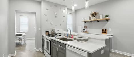 Fridge, microwave, oven, dishwasher