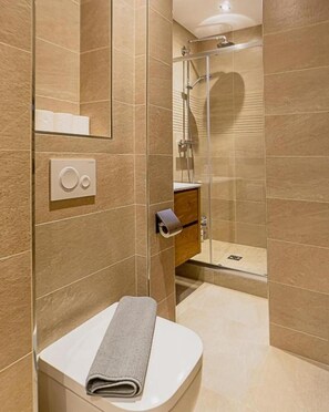 Shower, hair dryer, towels, toilet paper