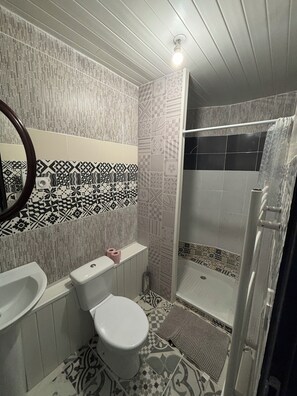 Shower, towels, soap, toilet paper