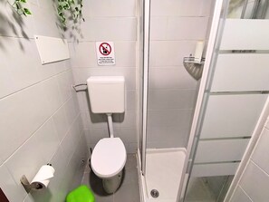 Chuveiro, secador de cabelo, toalhas de banho, sabonete