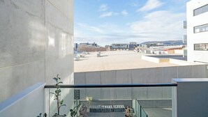 A rooftop terrace with a clear view of the city skyline, a modern building facade, and a few potted plants.