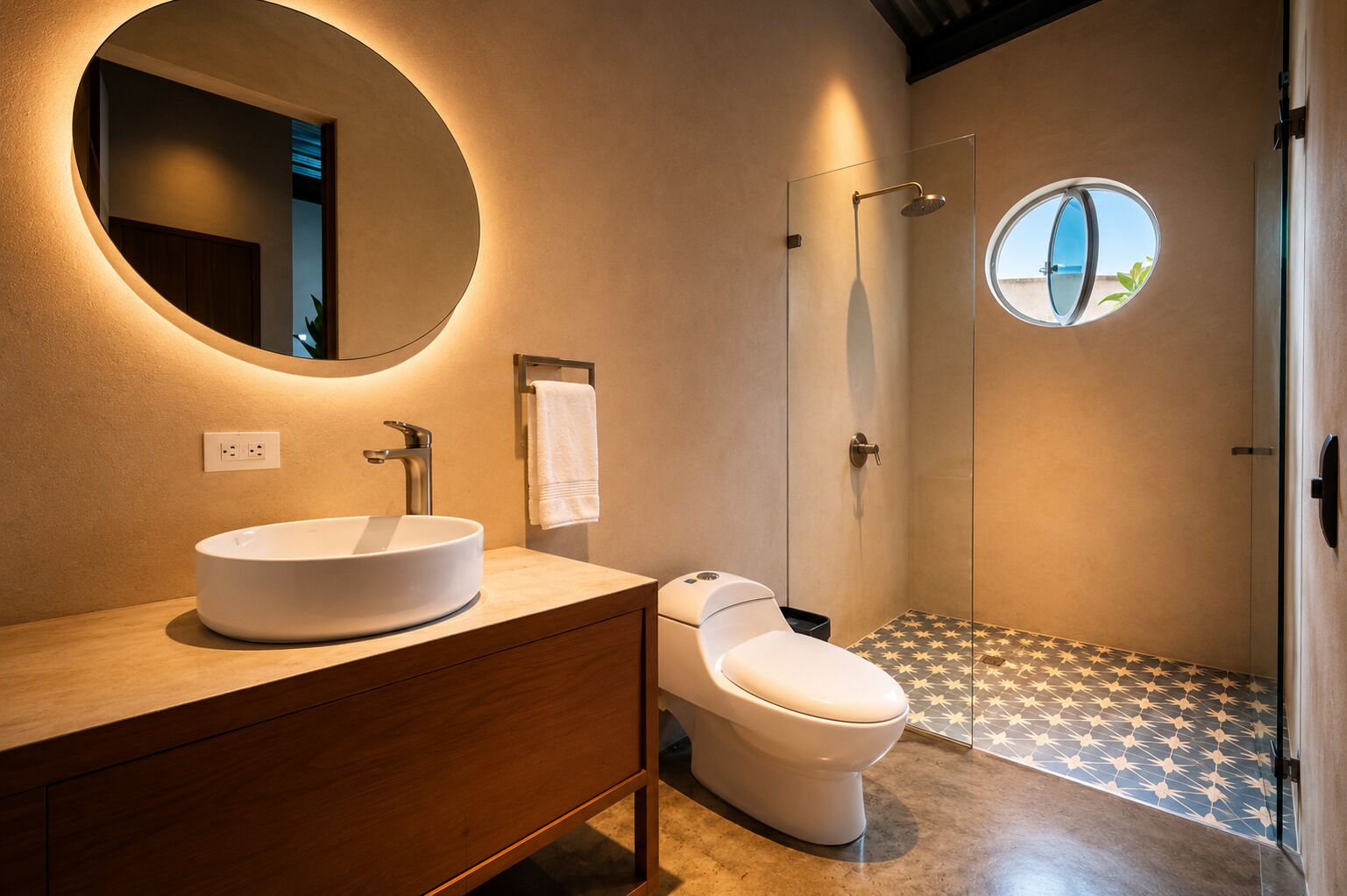 A modern bathroom with a round mirror, a sink, a toilet, and a shower.