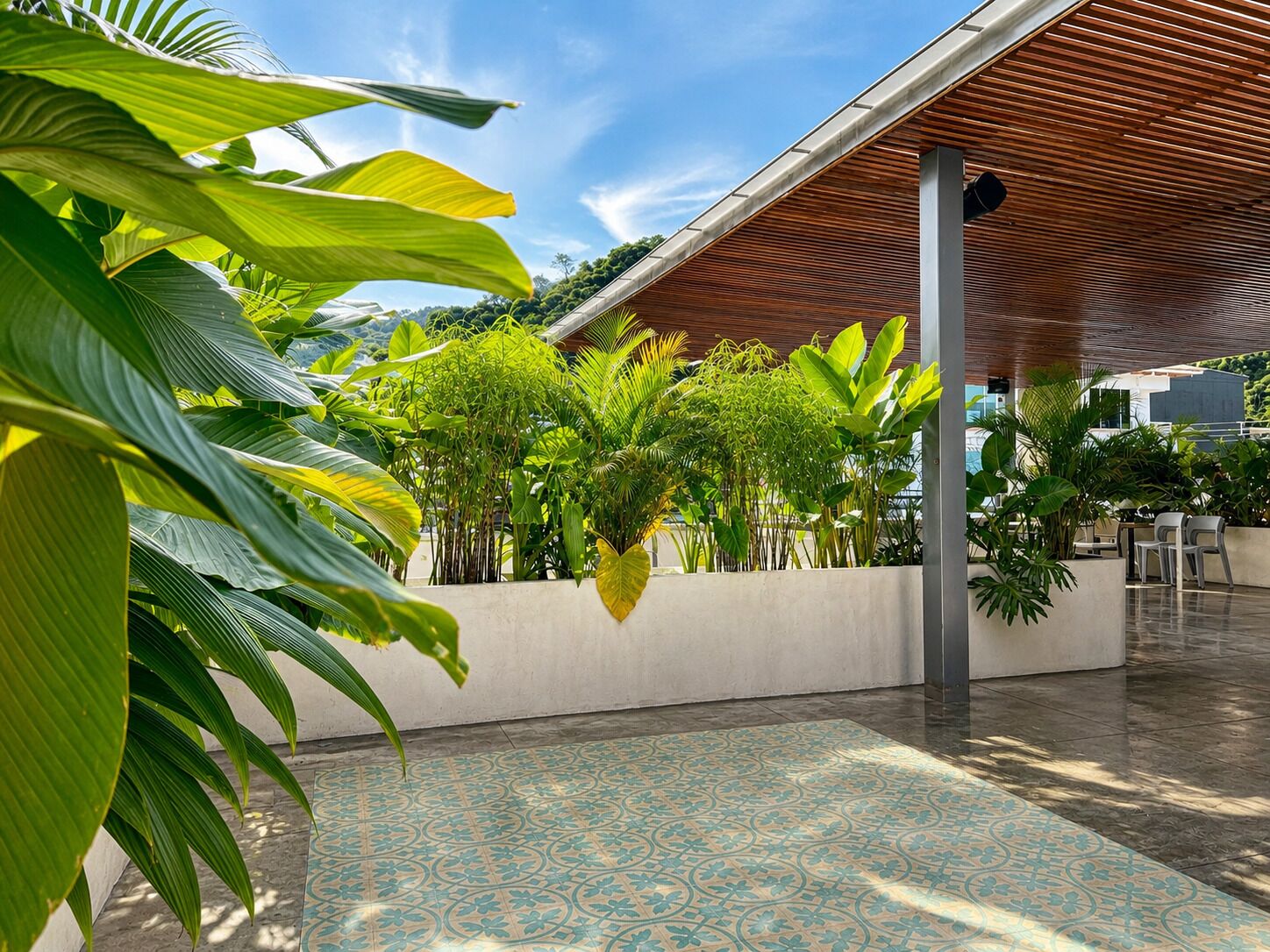 An outdoor area with a tiled floor, a wooden pergola, and various tropical plants.