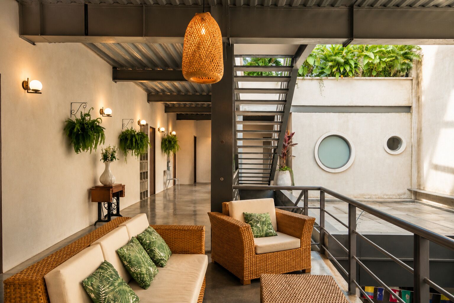 Un interior moderno con mobiliario de mimbre, una escalera y plantas en macetas.