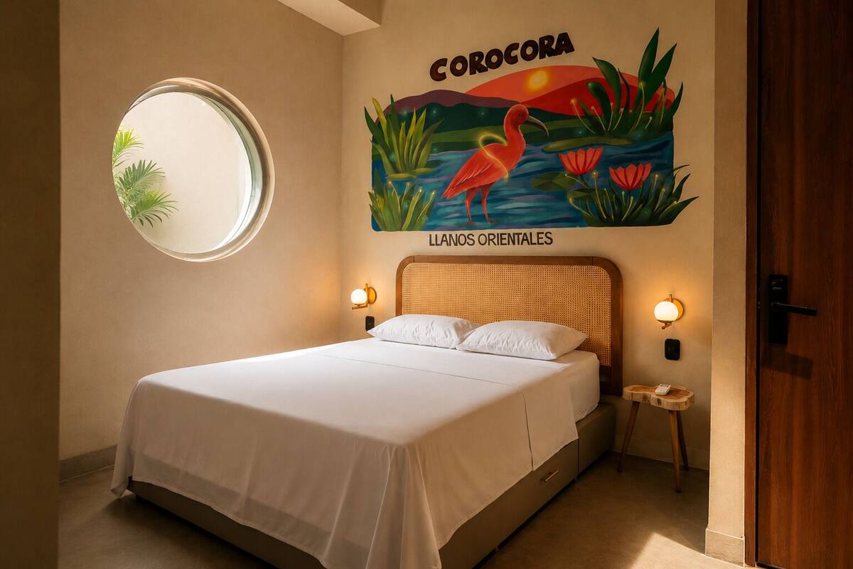 A bedroom with a bed, a round mirror, a wall mural, and two bedside tables with lamps.