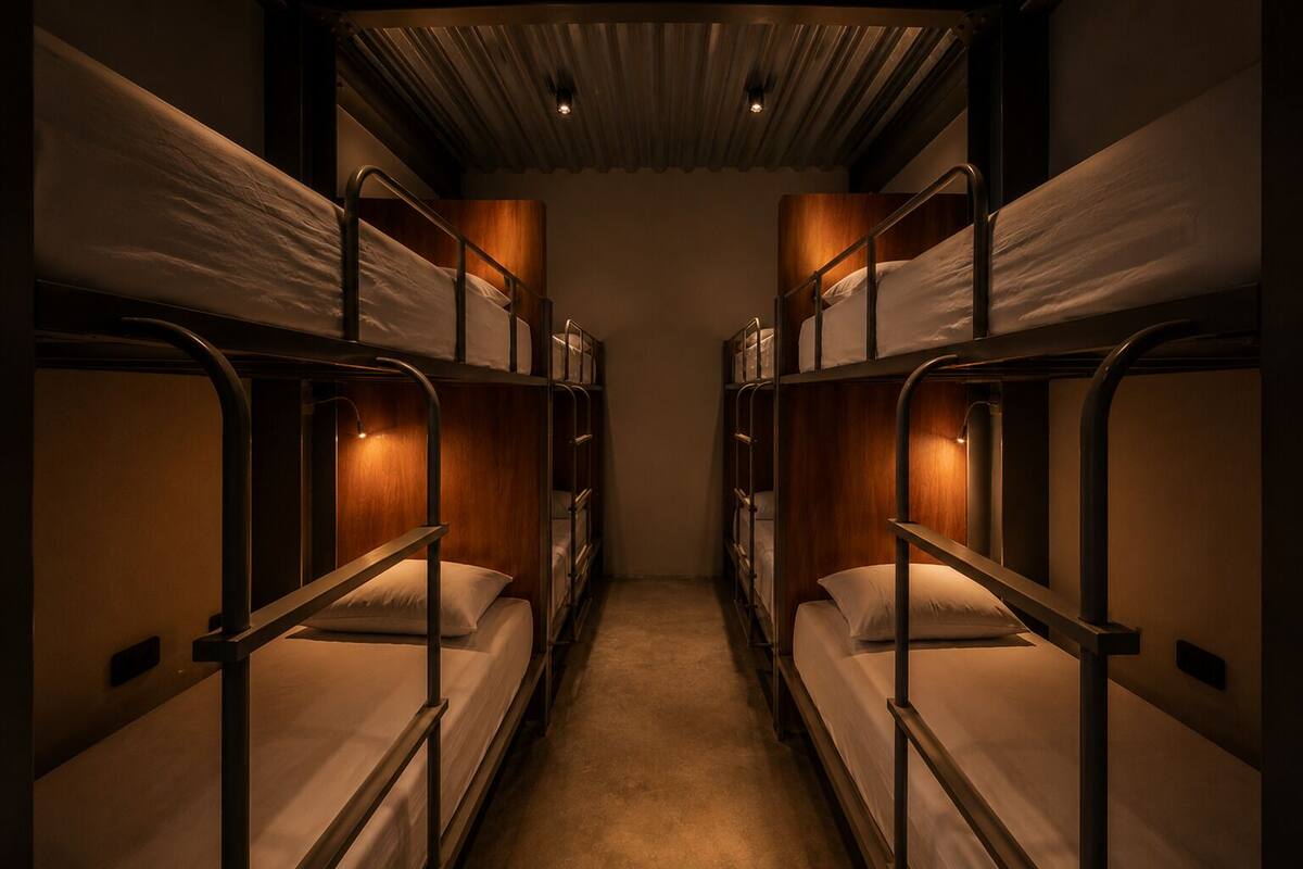 A corridor with bunk beds, wooden walls, and a ceiling with a corrugated metal design.
