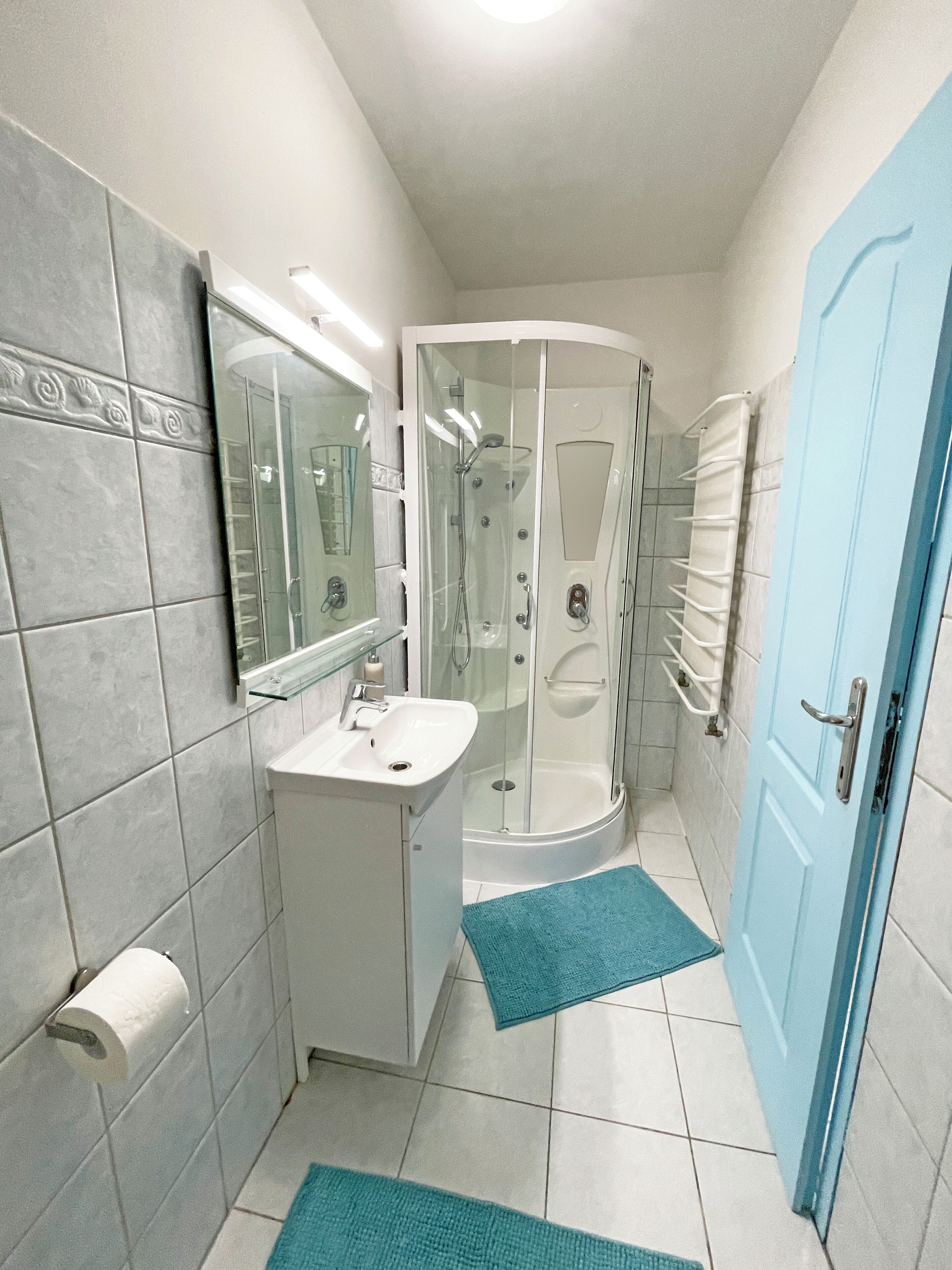 Un baño con ducha vidriada, lavabo, espejo y puerta azul.