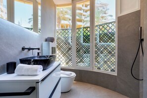 Shower, hair dryer, towels