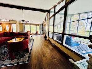 TV connectée, cheminée, livres