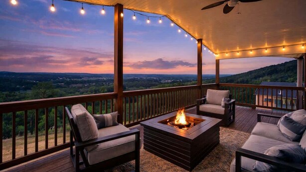 Una terraza techada al aire libre con un brasero, asientos y vistas del paisaje.