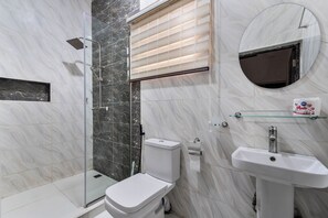 Shower, bidet, towels, soap