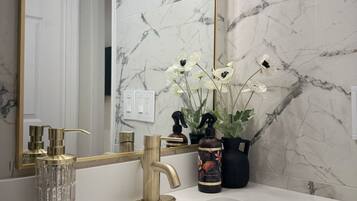 Hair dryer, bidet, soap, shampoo