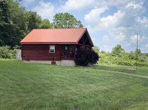 A wooden cabin with a red roof, surrounded by a grassy field and trees.