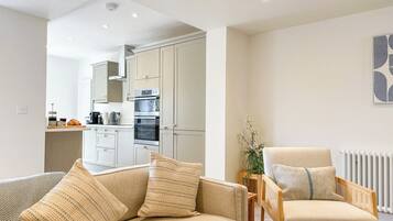 Ein modernes Wohnzimmer mit Sofa und Sessel, eine Küche im Hintergrund und einem Heizkörper an der Wand.