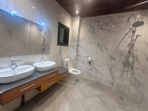 Shower, hair dryer, towels, soap