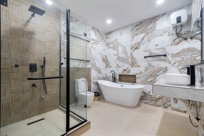 Shower, bidet, towels, soap