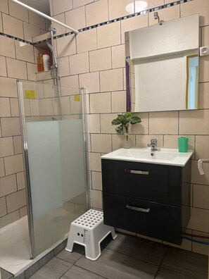 Shower, towels, soap, toilet paper