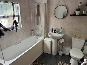 Hair dryer, towels, soap, toilet paper