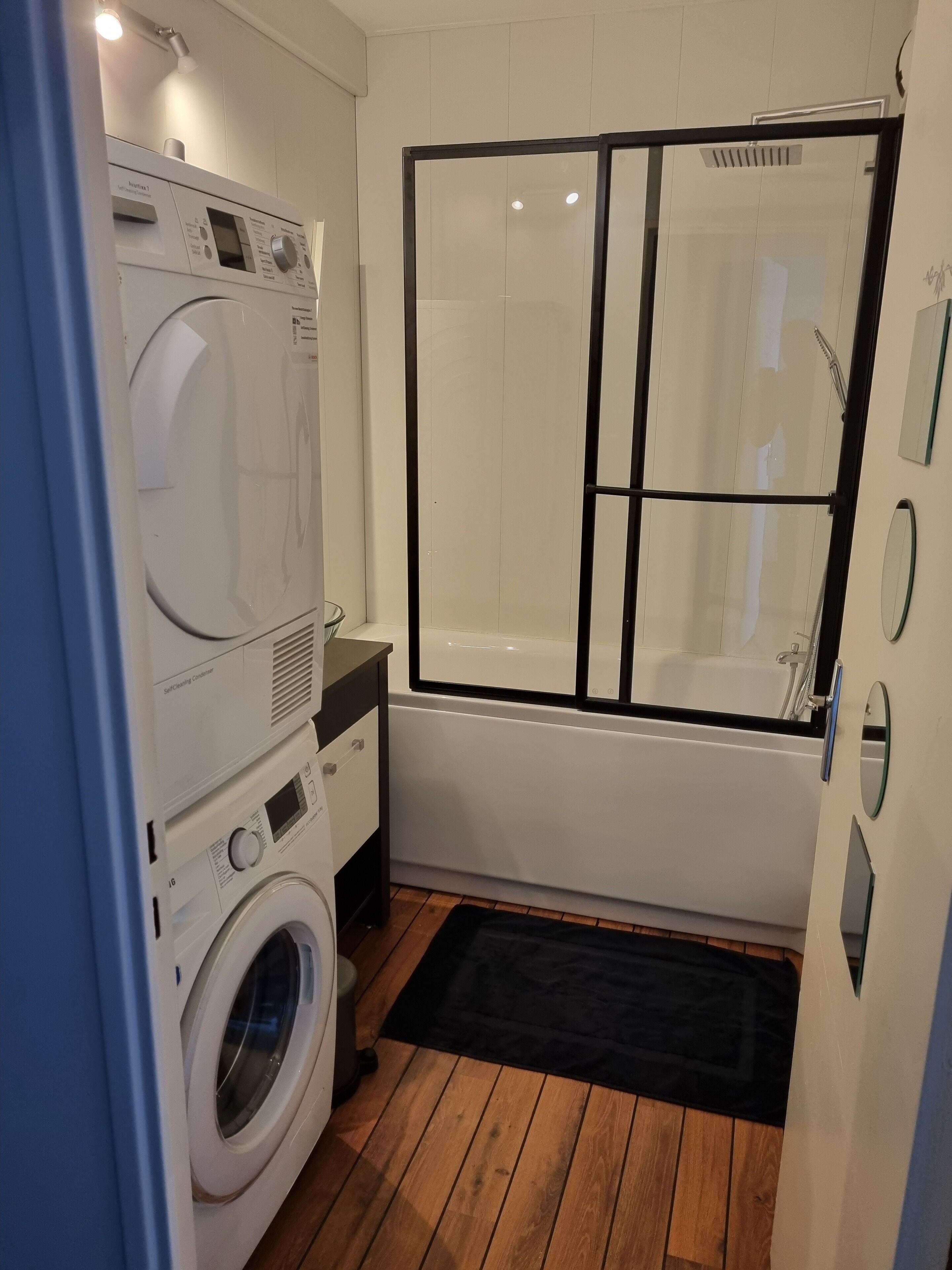 Hair dryer, towels, toilet paper