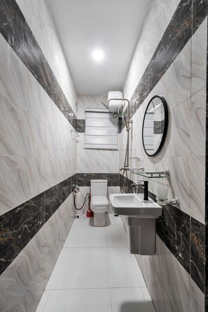 Shower, bidet, towels, soap