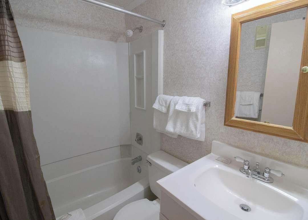 Une salle de bain avec douche, toilettes et lavabo.