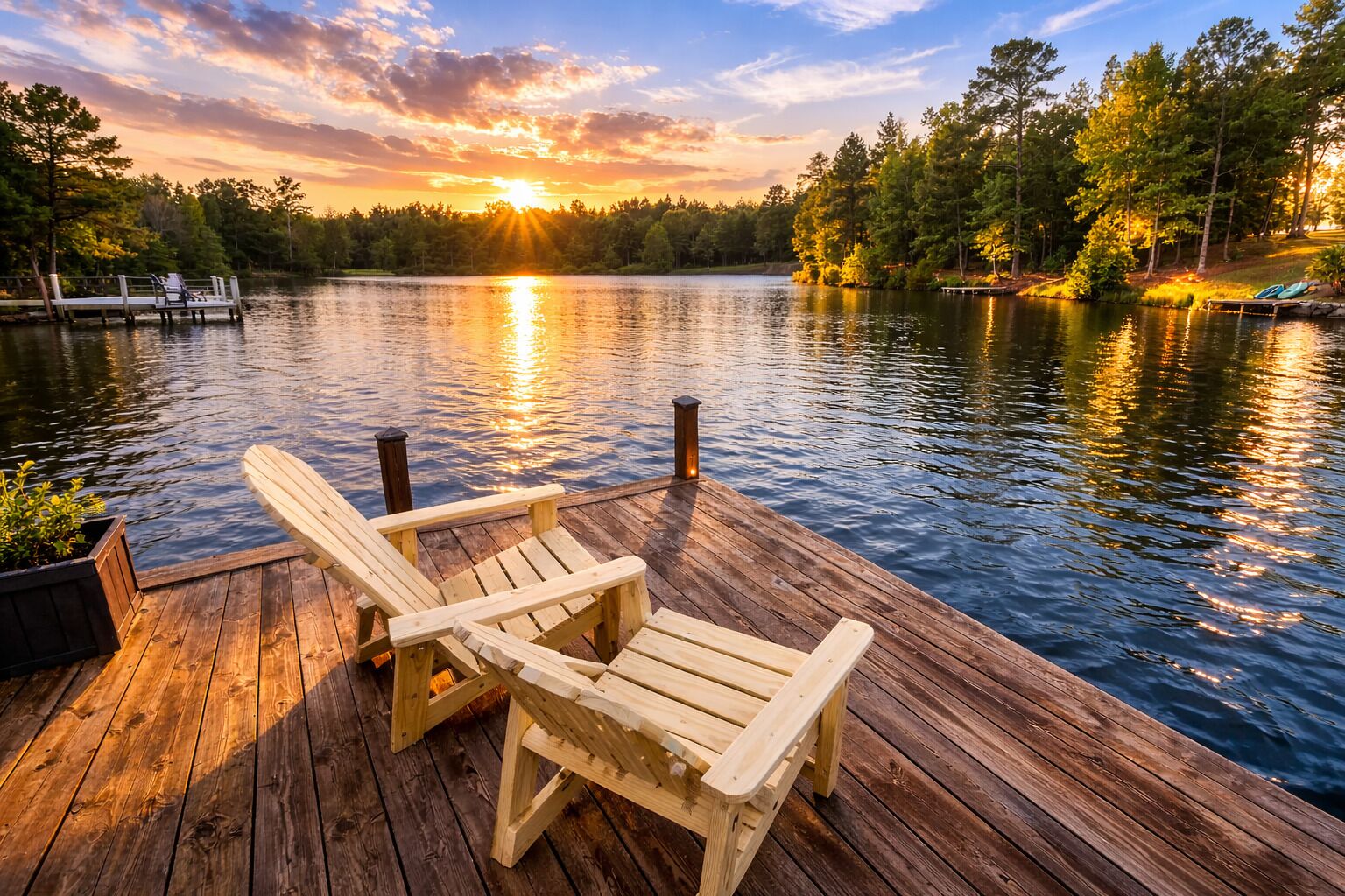 A wooden dock with two Adirondack chairs facing a calm lake at sunset.