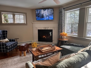 Smart TV, fireplace, books
