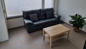 Un salon moderne avec un canapé en cuir noir, une table basse en bois et une plante en pot.