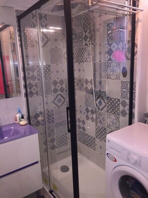 Shower, hair dryer, soap, toilet paper