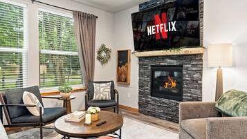 Smart TV, fireplace, books