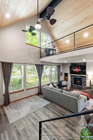 Smart TV, chimenea y libros