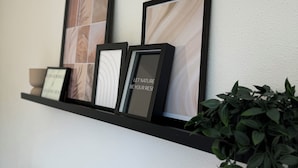 Een wandplank met een lijstwerk en een potplant.