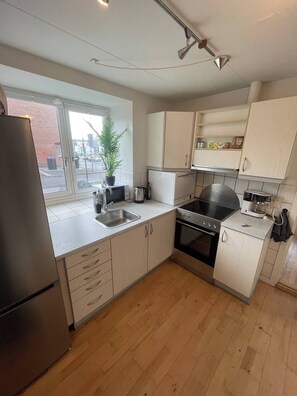 冷蔵庫、電子レンジ、オーブン、コンロ