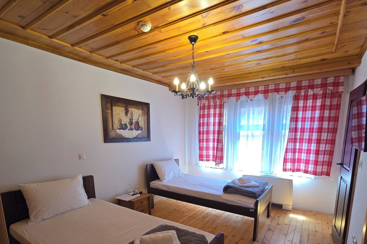 Une pièce dotée de planchers en bois et d’un plafond en pente, comprenant deux lits, un lustre et un tableau accroché au mur.