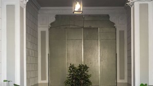 Un pasillo con una puerta blanca, una planta en maceta y un aplique.