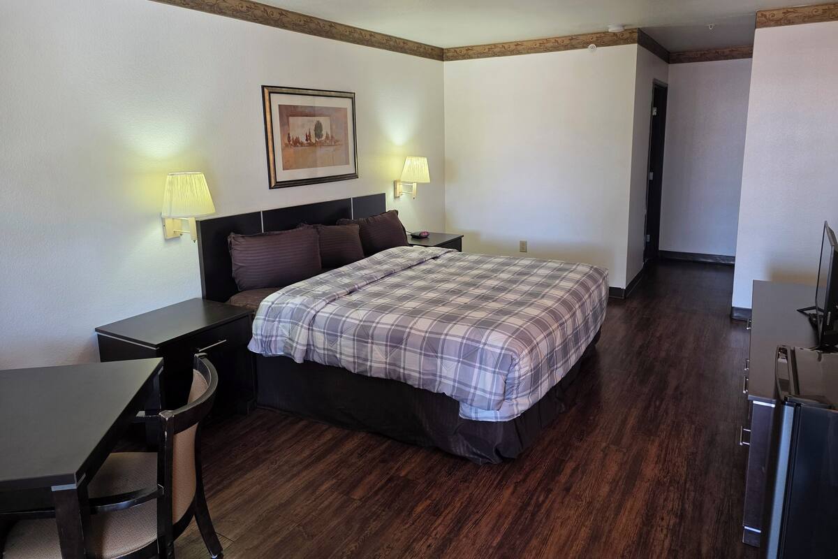 Habitación de hotel con cama, escritorio, dos lámparas de noche, un cuadro en la pared y televisor sobre un mueble.